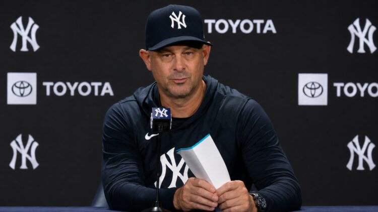 Aaron Boone speaks in defense of Camilo Doval at the press conference after the Yankees' 6-1 loss to the Twins in New York, July 5, 2026.