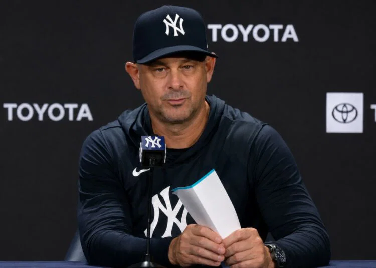 Aaron Boone speaks in defense of Camilo Doval at the press conference after the Yankees' 6-1 loss to the Twins in New York, July 5, 2026.