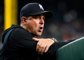 Manager Aaron Boone reacts to a defensive error during the Yankees' 9-3 loss to the Tigers in New York, Jun 30, 2026.