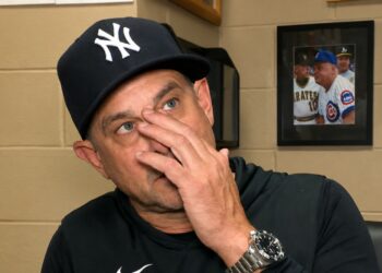 Aaron Boone talks to media after the Yankees' 6-4 loss to the Rays in Tampa, July 7, 2026.