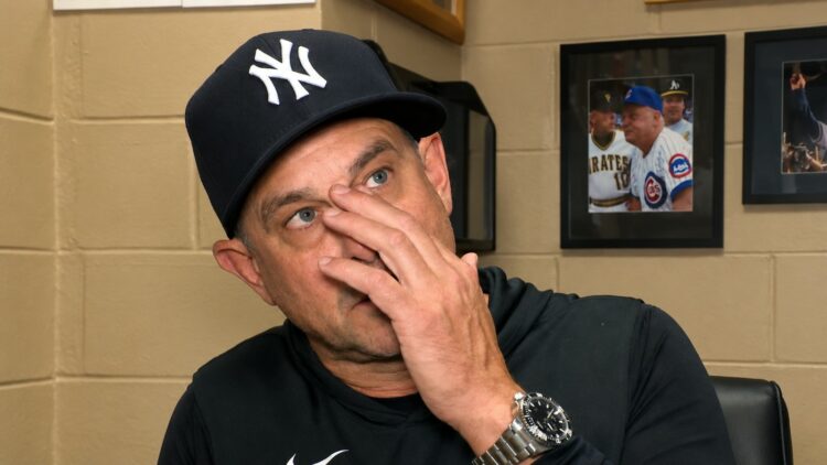 Aaron Boone talks to media after the Yankees' 6-4 loss to the Rays in Tampa, July 7, 2026.