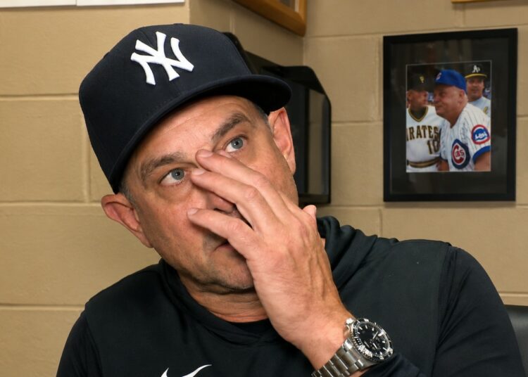 Aaron Boone talks to media after the Yankees' 6-4 loss to the Rays in Tampa, July 7, 2026.
