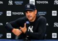 Manager Aaron Boone speaks after the Yankees split the twin bill against the Dodgers, New York, July 19, 2026.