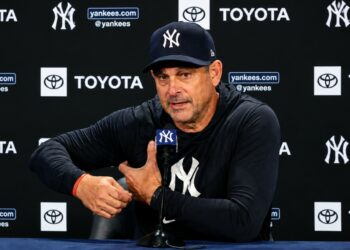 Manager Aaron Boone speaks after the Yankees split the twin bill against the Dodgers, New York, July 19, 2026.