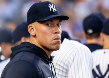 Aaron Judge watches during the Yankees' 6-2 loss to the Tigers in New York, July 1, 2026.