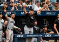Aaron Judge and teammates celebrate Ben Rice's second home run during the Yankees' 12-4 win over the Rays in Florida, July 9, 2026.