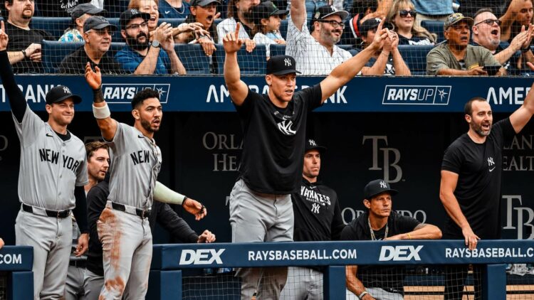 Aaron Judge and teammates celebrate Ben Rice's second home run during the Yankees' 12-4 win over the Rays in Florida, July 9, 2026.