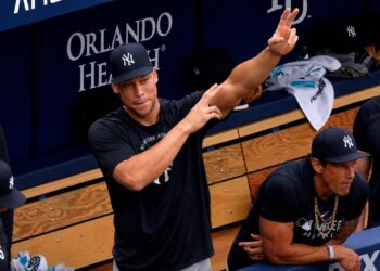 Aaron Judge gestures as Ben Rice hit second home run during the Yankees' 12-4 win over the Rays in Florida, July 9, 2026.