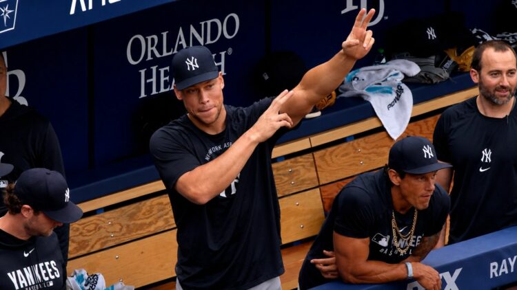 Aaron Judge gestures as Ben Rice hit second home run during the Yankees' 12-4 win over the Rays in Florida, July 9, 2026.