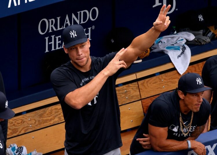 Aaron Judge gestures as Ben Rice hit second home run during the Yankees' 12-4 win over the Rays in Florida, July 9, 2026.