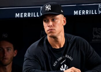 Aaron Judge watches from dugout during the Yankees' 9-3 loss to the Tigers in New York, Jun 30, 2026.