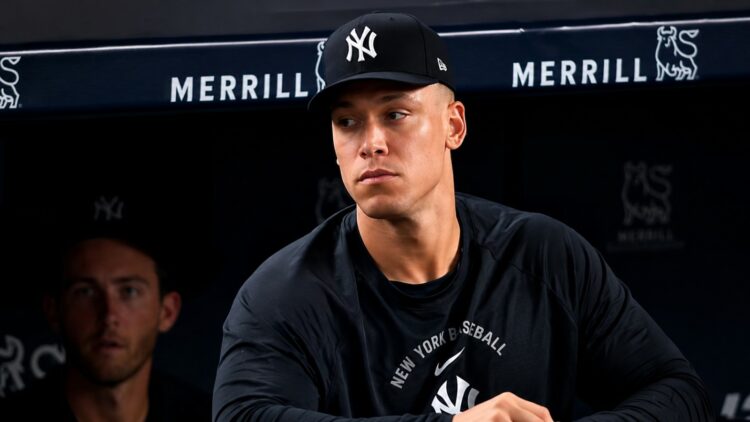 Aaron Judge watches from dugout during the Yankees' 9-3 loss to the Tigers in New York, Jun 30, 2026.