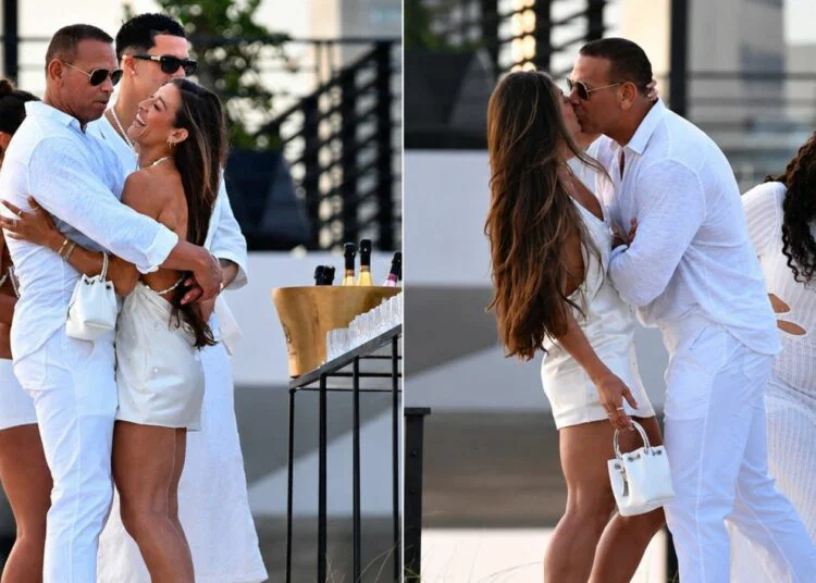 Alex Rodriguez was seen kissing a mystery brunette at Michael Rubin's White Party, weeks after the former Yankees star's split from Jaclyn Cordeiro, Jul. 2, 2026.
