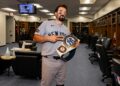 Austin Wells is with game MVP belt after his 403-ft home run in the Yankees' 3-1 win over the Phillies, Philadelphia, July 25, 2026.