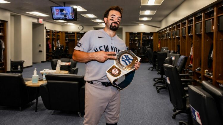 Austin Wells is with game MVP belt after his 403-ft home run in the Yankees' 3-1 win over the Phillies, Philadelphia, July 25, 2026.