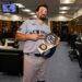 Austin Wells is with game MVP belt after his 403-ft home run in the Yankees' 3-1 win over the Phillies, Philadelphia, July 25, 2026.