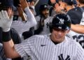 Ben Rice is in the dugout after hitting the go-ahead home run in the Yankees' 5-2 win over the Twins in New York, July 3, 2026.