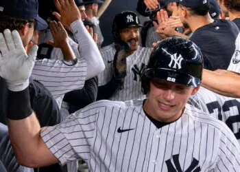 Ben Rice is in the dugout after hitting the go-ahead home run in the Yankees' 5-2 win over the Twins in New York, July 3, 2026.
