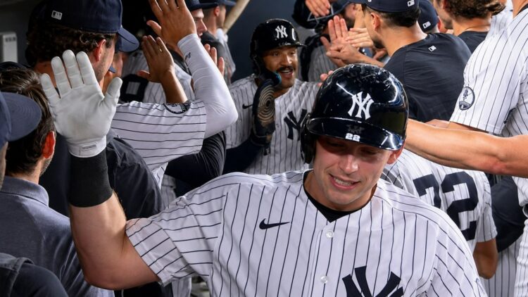 Ben Rice is in the dugout after hitting the go-ahead home run in the Yankees' 5-2 win over the Twins in New York, July 3, 2026.
