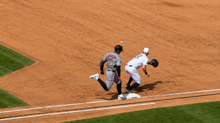 A throw from Jazz Chisholm went wide off Ben Rice in the Yankees' 11-4 loss to the Twins in New York, July 4, 2026.