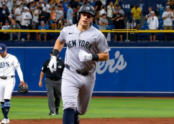 Ben Rice rounds after hitting his home run no. 25 in the Yankees' 5-1 win over the Rays in Tampa, July 6, 2026.