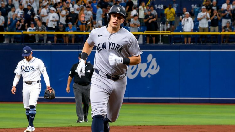Ben Rice rounds after hitting his home run no. 25 in the Yankees' 5-1 win over the Rays in Tampa, July 6, 2026.