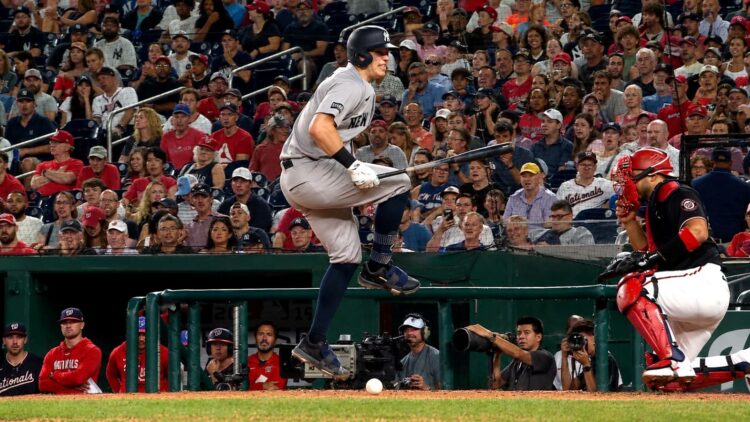 Ben Rice was hit on leg from a foul ball during the Yankees' 5-3 win over the Nationals in Washington, D.C., July 10, 2026.