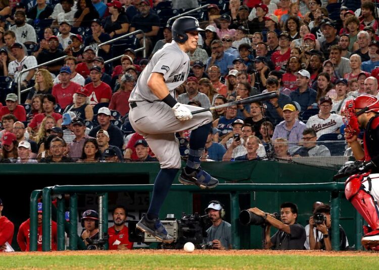 Ben Rice was hit on leg from a foul ball during the Yankees' 5-3 win over the Nationals in Washington, D.C., July 10, 2026.