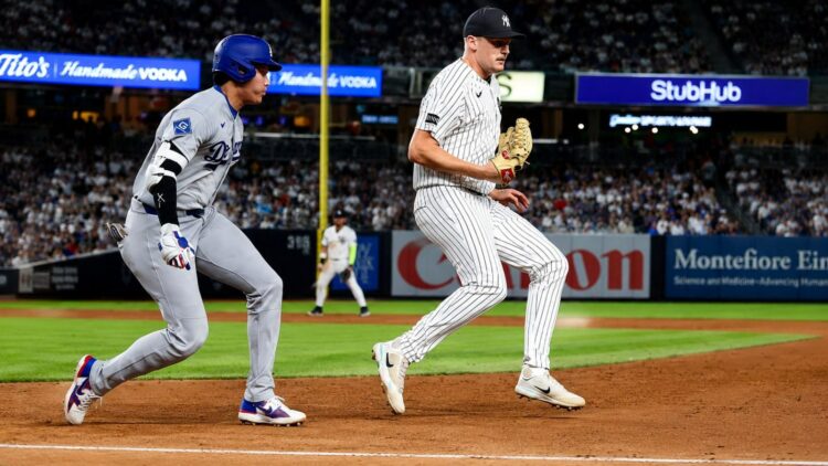 Brent Headrick ran out Ohtani as the Yankees beat the Dodgers 2-1 in New York, July 19, 2026.