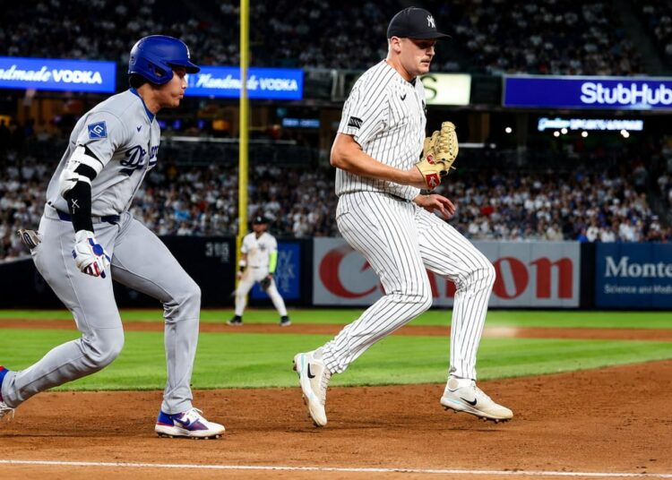 Brent Headrick ran out Ohtani as the Yankees beat the Dodgers 2-1 in New York, July 19, 2026.