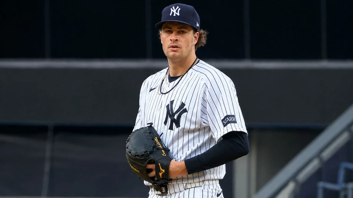 Cam Schlittler reacts after giving up a home run in the first inning in the Yankees' 9-3 loss to the Tigers in New York, Jun 30, 2026.