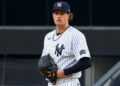 Cam Schlittler reacts after giving up a home run in the first inning in the Yankees' 9-3 loss to the Tigers in New York, Jun 30, 2026.