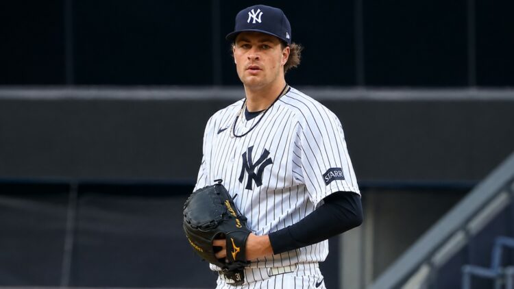 Cam Schlittler reacts after giving up a home run in the first inning in the Yankees' 9-3 loss to the Tigers in New York, Jun 30, 2026.