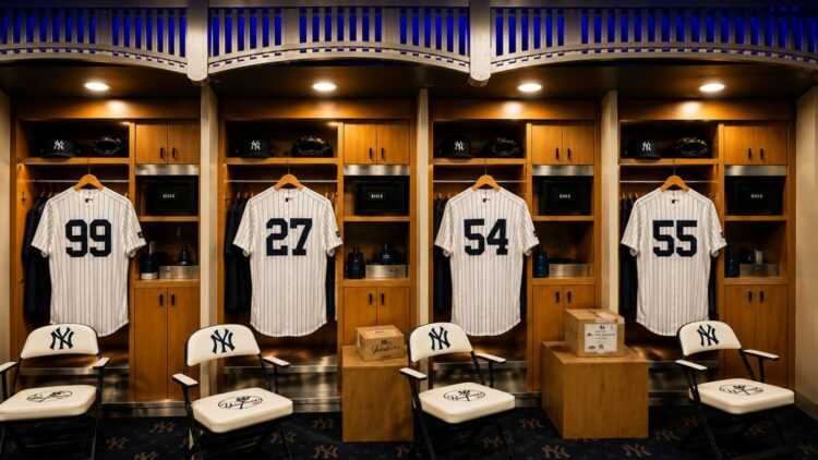 An image of the Yankees' clubhouse at New York's Yankee Stadium with Judge, Fried, Rodon, and Stanton jerseys, 2026.