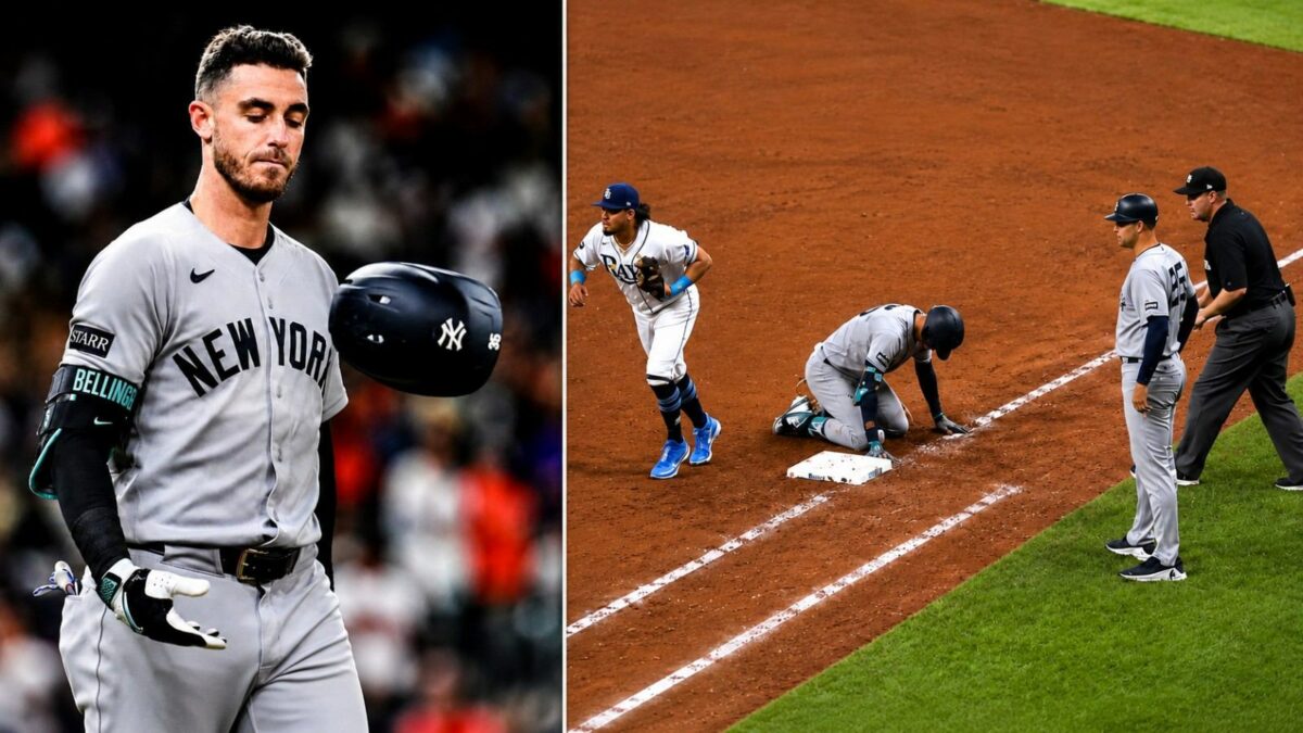 Cody Bellinger reacts after his mistake led to him thrown out at first base during the Yankees' 6-4 loss to the Rays in Tampa, July 7, 2026.