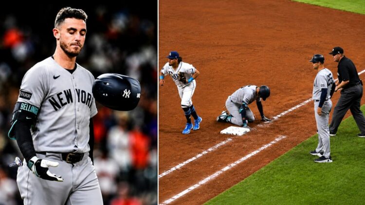 Cody Bellinger reacts after his mistake led to him thrown out at first base during the Yankees' 6-4 loss to the Rays in Tampa, July 7, 2026.
