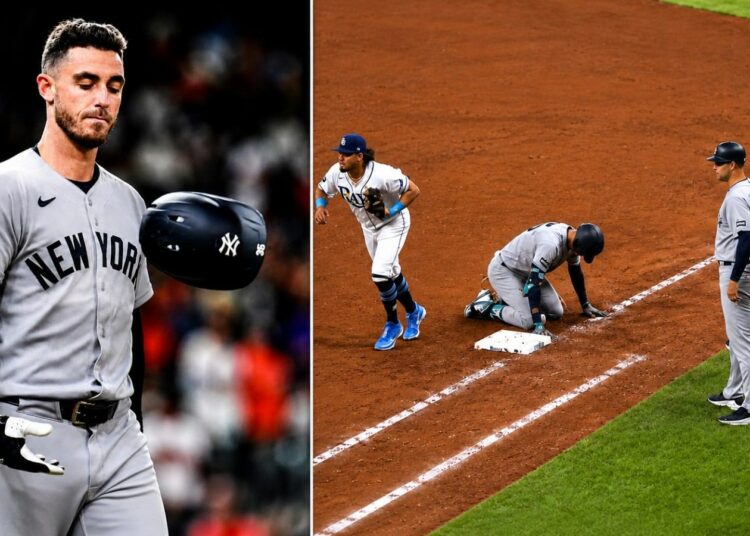 Cody Bellinger reacts after his mistake led to him thrown out at first base during the Yankees' 6-4 loss to the Rays in Tampa, July 7, 2026.