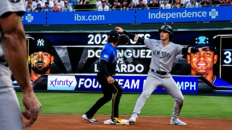 Cody Bellinger appeals after caught stealing base in the fourth in the Yankees' 1-0 win over the Phillies, Philadelphia, July 24, 2026.