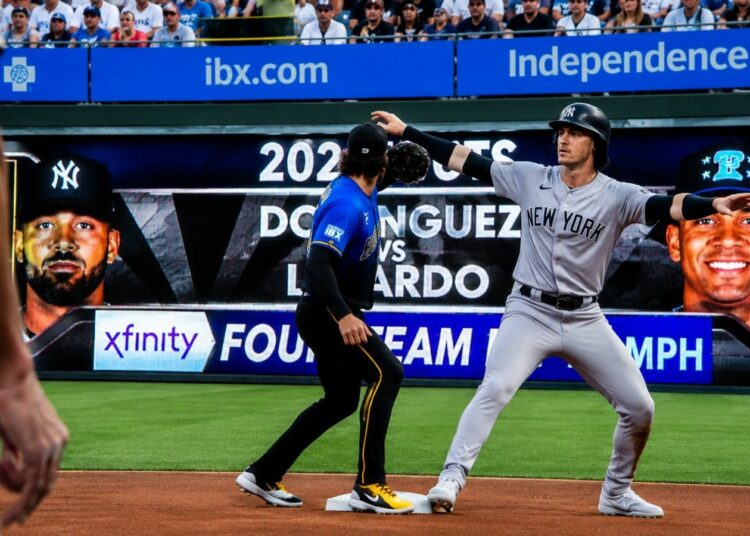 Cody Bellinger appeals after caught stealing base in the fourth in the Yankees' 1-0 win over the Phillies, Philadelphia, July 24, 2026.