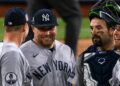 David Bednar rejoices with Goldschmidt, Austin Wells, and Ryan McMahon after the Yankees' 3-1 win over the Phillies, Philadelphia, July 25, 2026.