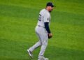David Bednar reacts after his save in the Yankees' 4-2 win over the Nationals in Washington, D.C., July 11, 2026.