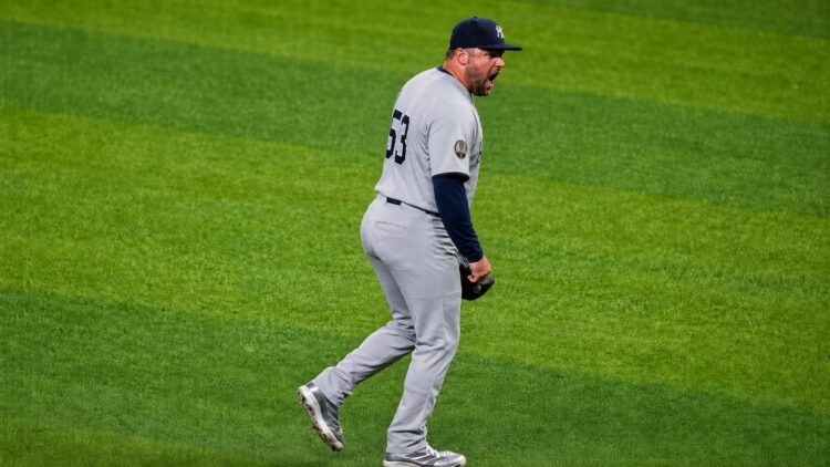 David Bednar reacts after his save in the Yankees' 4-2 win over the Nationals in Washington, D.C., July 11, 2026.