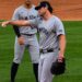 Gerrit Cole is jokingly gags Austin Wells after a circus catch in the Yankees' 3-2 win over the White Sox, Chicago, July 28, 2026.
