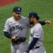 Trent Grisham talks to Jasson Dominguez after both avoided near collision in the Yankees' 6-4 loss to the Rays in Tampa, July 7, 2026.