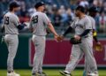 Paul Goldschmidt, Ryan McMahon, and Trent Grisham after the Yankees' beat the Nationals 5-3 in Washington, D.C., July 12, 2026.