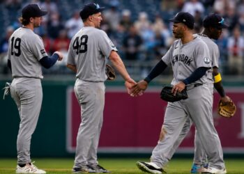 Paul Goldschmidt, Ryan McMahon, and Trent Grisham after the Yankees' beat the Nationals 5-3 in Washington, D.C., July 12, 2026.