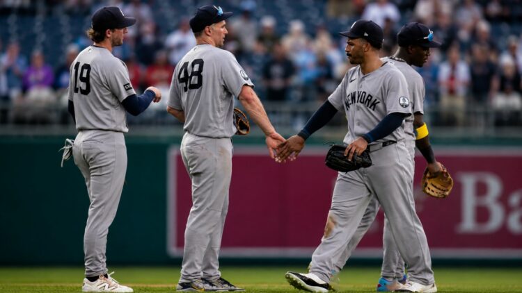 Paul Goldschmidt, Ryan McMahon, and Trent Grisham after the Yankees' beat the Nationals 5-3 in Washington, D.C., July 12, 2026.