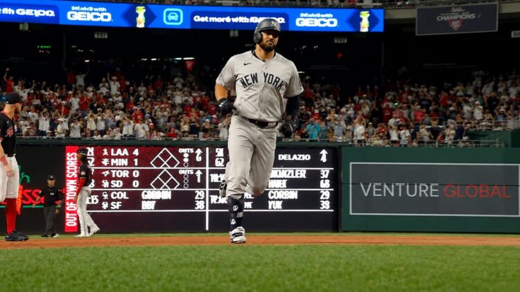 Jasson Dominguez rounds after hitting a home run in the 4th in the Yankees' 5-3 win over the Nationals in Washington, D.C., July 10, 2026.