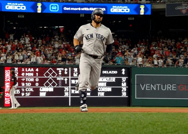 Jasson Dominguez rounds after hitting a home run in the 4th in the Yankees' 5-3 win over the Nationals in Washington, D.C., July 10, 2026.