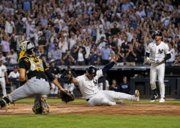 Jasson Dominguez scores a run in the Yankees' 2-0 win over the Pirates, New York, July 22, 2026.